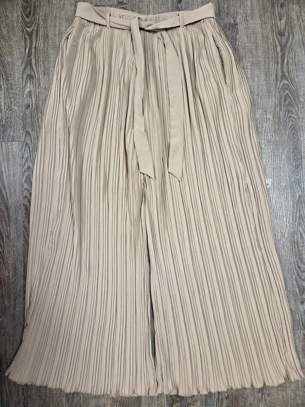 Alice Blue Taupe Beige Flowy Accordion Wide Leg Palazzo Pants Belted Large